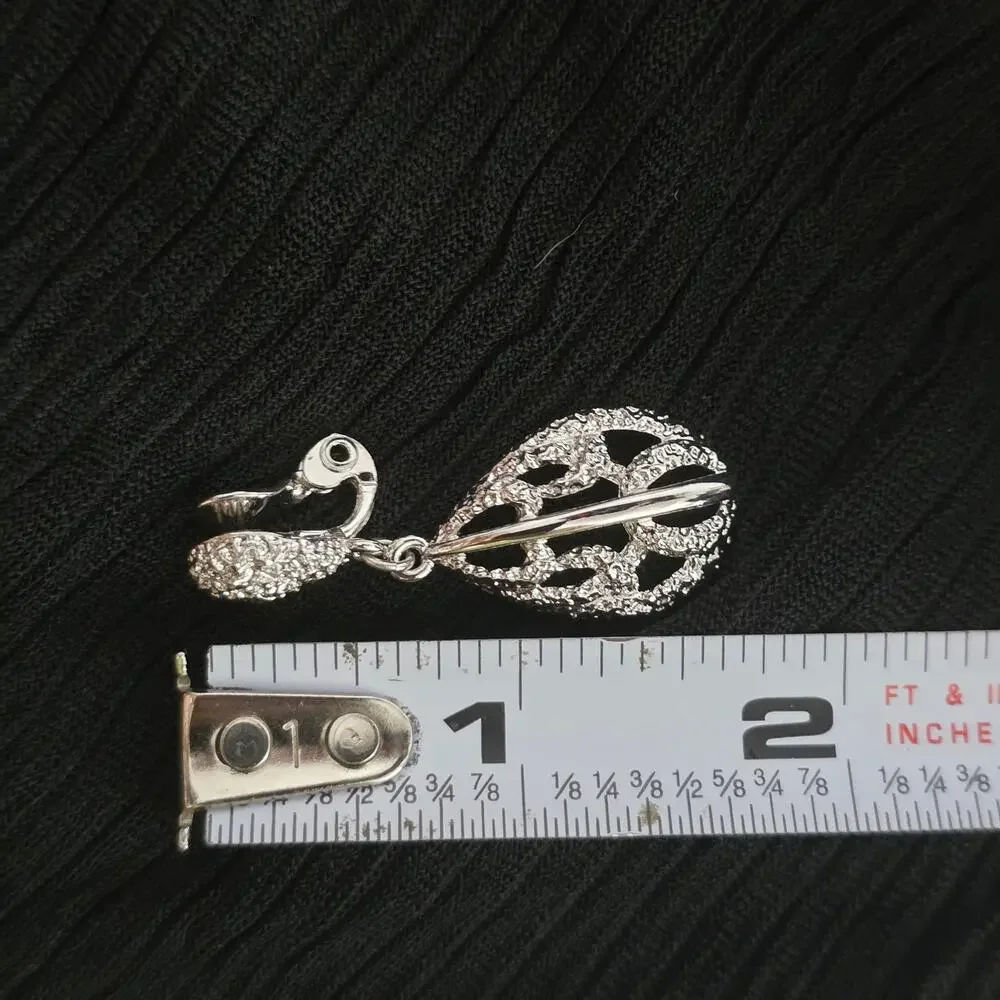 Monet Silver Tone Filigree Dangle Clip On Earrings Vintage Textured